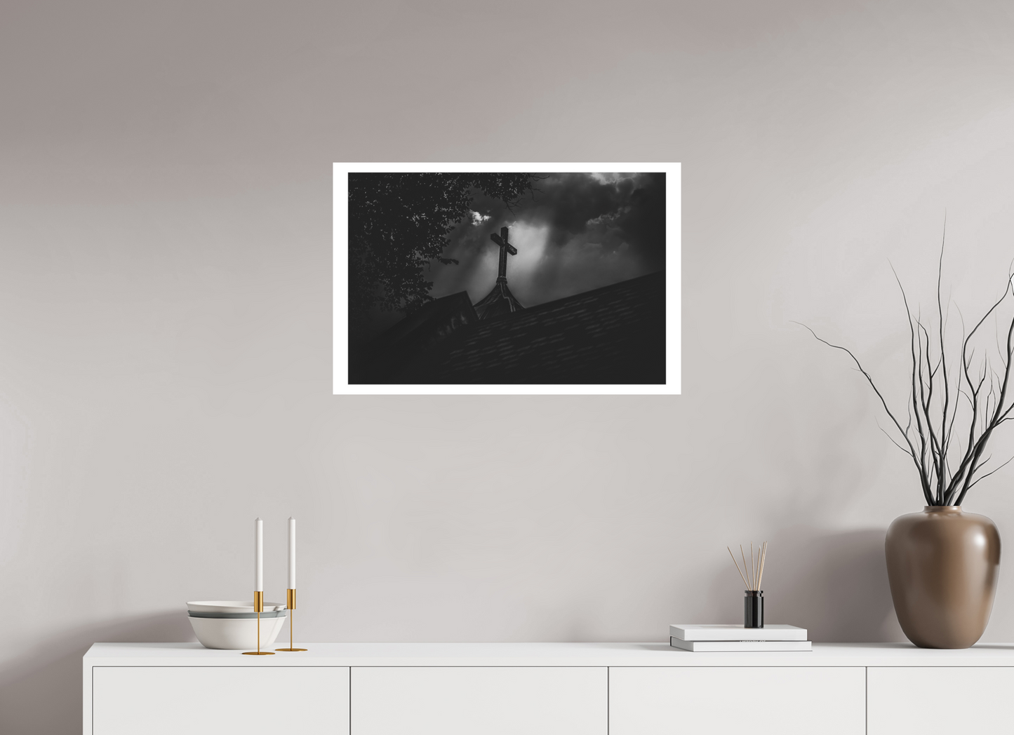 30 x 20″, Fuji Paper Crystal Archive - Matte Ominous Sky Lighting Church Steeple