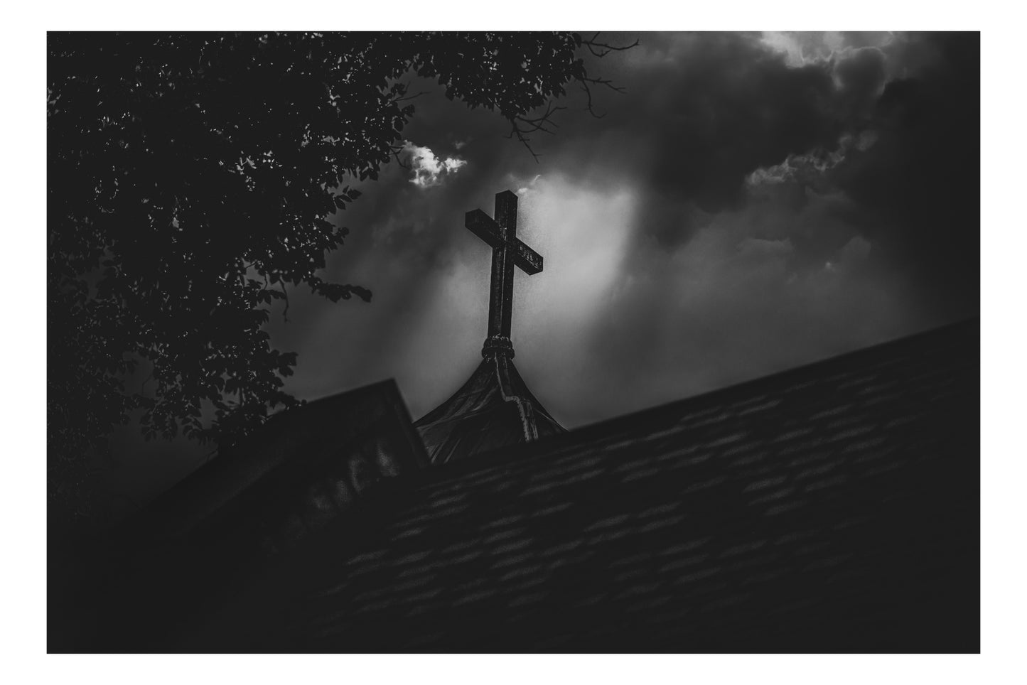 Ominous Sky Lighting Church Steeple