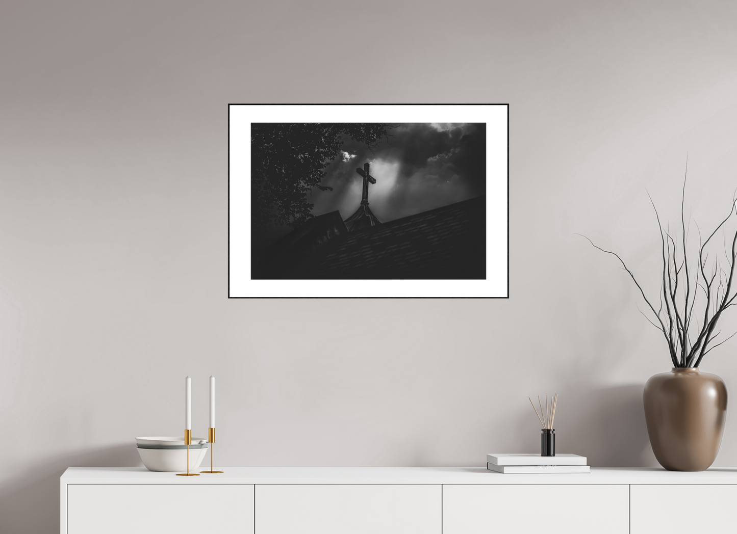 30 x 20″, Black Solid Wood ArtBox - Matte Glass - 1.18" White Border Ominous Sky Lighting Church Steeple