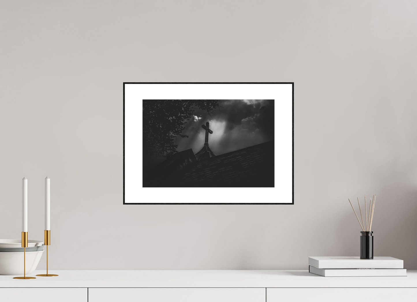 15 x 10″, Black Solid Wood ArtBox - Matte Glass - 1.18" White Border Ominous Sky Lighting Church Steeple